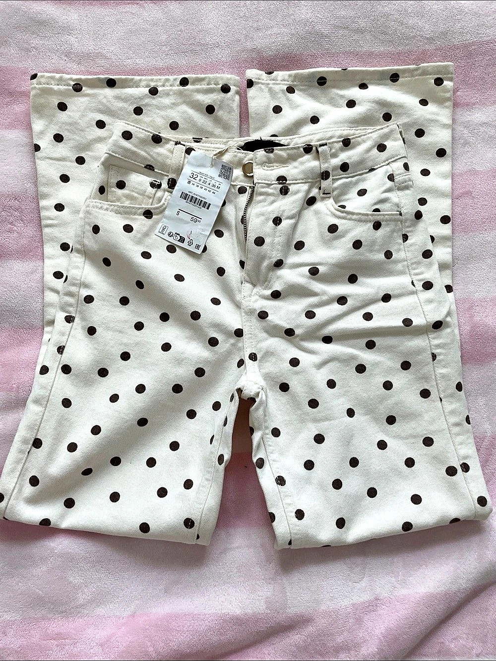 Zara High Waist Polka Dot Jeans in White & Brown Size 32 NWT